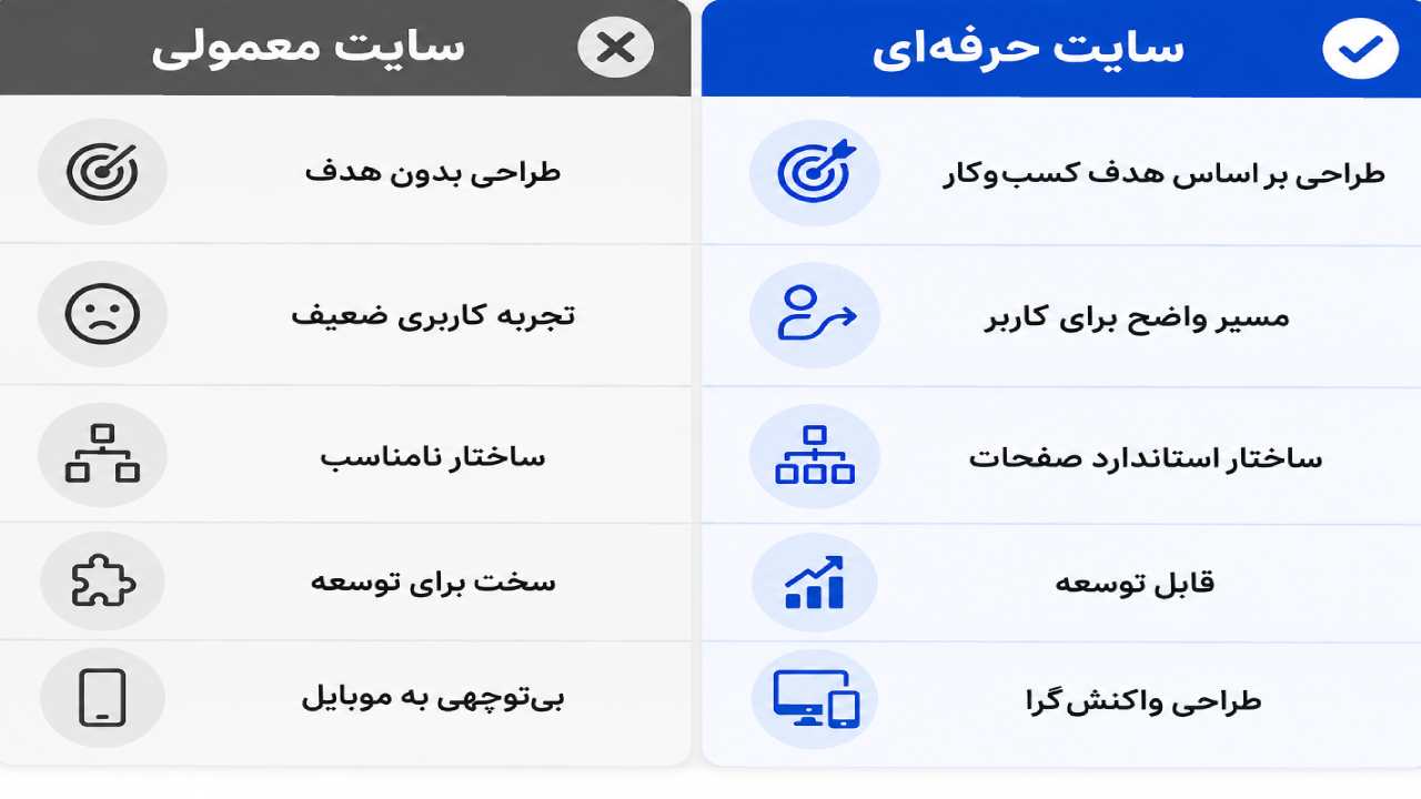 مقایسه ویژگی‌های سایت معمولی و سایت حرفه‌ای
